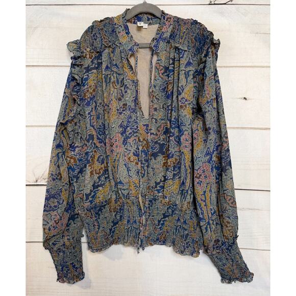 Elan Long Sleeve Top Size LG Ruffle Collared Multicolor Boho Chic - Picture 1 of 5